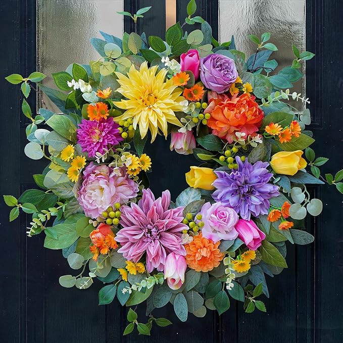 24 Inch Spring Summer Wreaths for Front Door Outside, Luxury Colorful Seasonal Floral Wreath with Chrysanthemums Roses Tulips & Berries, Faux Spring Summer Door Wreath for Outdoor Home Decor
