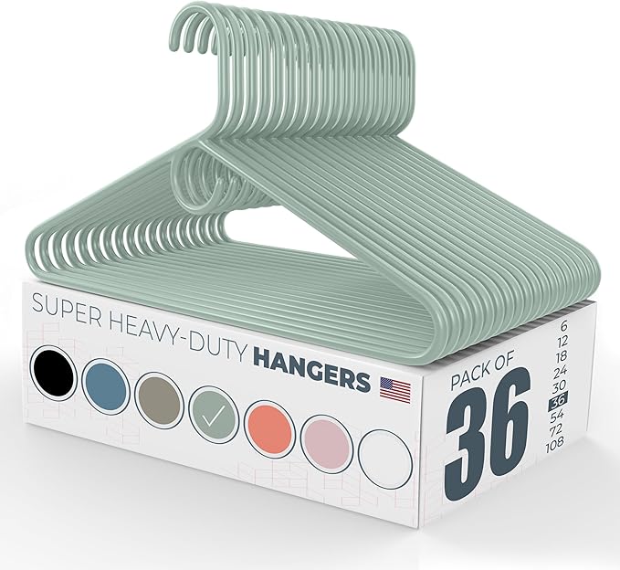 Neaties Super Heavy Duty Clothes Hangers 36 Pack – Made in the USA - 10lb Capacity, Thick Plastic Hangers for Pants, Coats, Jackets, Jeans and Adult Clothing – Mint