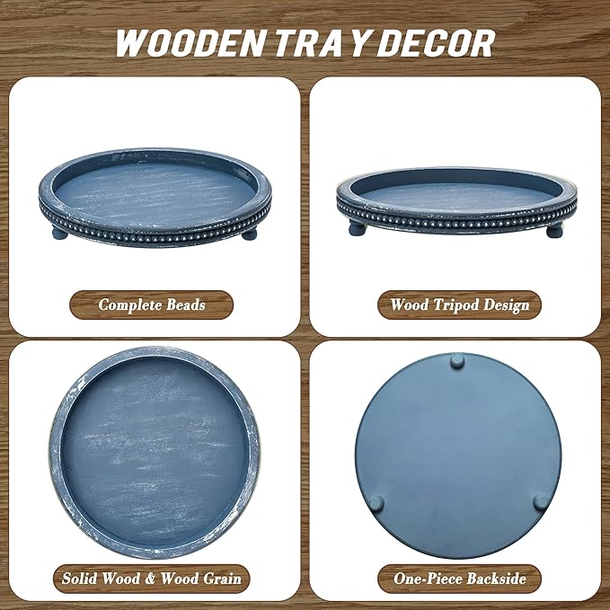 Handmade 12 Inch Decorative Tray, Small Beaded Tray Coffee Table Decor, Blue Decorative Display Risers for Coffee Table, Dining Room Entryway and Living Room