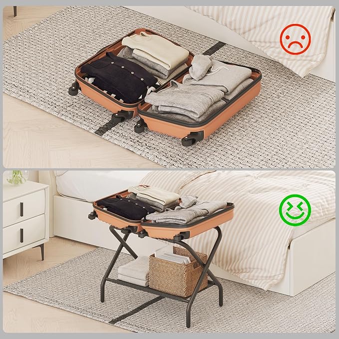 Luggage Rack for Guest Room, Folding Suitcase Stand with Shoe Shelf, Steel Portable Luggage Stand Bedroom, Hotel, Easy Assembly, Hold up to 110 lb, Black