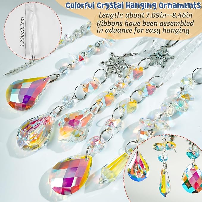 GuassLee Christmas Crystal Prism Ornaments for Christmas Tree - 6pcs Iridescent Teardrop Crystal Glass Sun Catcher for Christmas Decorations Indoor Tree Birthday Party Decor