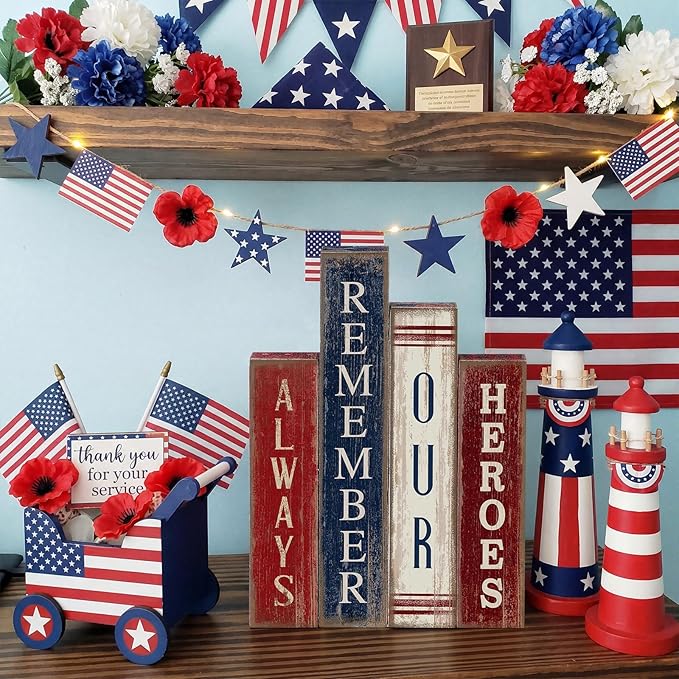 Lineshading 4 Pcs 4th of July Table Decoration Wooden Book Always Remember Our Heroes America Decor Patriotic Tiered Tray Decor Red White Blue Memorial Day Block Signs for 250th Anniversary Home Shelf