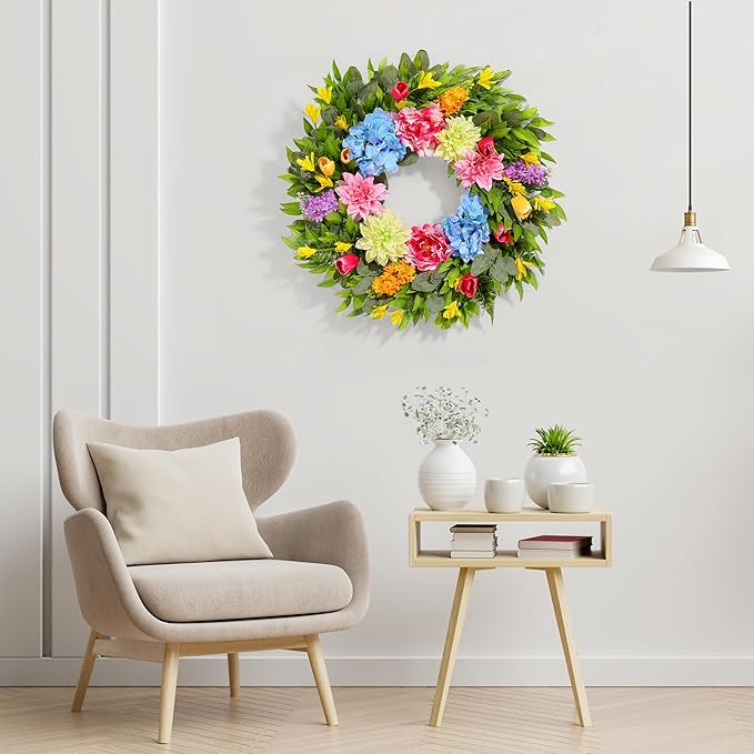 18 Inch Spring Wreaths for Front Door with Dahlias, Hydrangeas, Peonies, Eucalyptus - Artificial Spring Summer Front Door Wreath for Farmhouse, Porch, Window, Wedding, Indoor Outdoor Home Decor