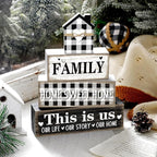 Cinnvoice 4 Pcs Farmhouse Tabletop Decor Rustic Family Blessed Home Table Centerpiece This Is Us Sign for Kitchen Shelf Desk Fireplace Mantel Tiered Tray Decor(Buffalo Plaid Family)