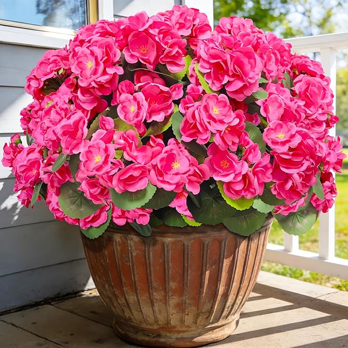 Artificial Geraniums Flowers for Outdoors Spring Decor, 8 Bundles UV Resistant Fake Geraniums Flowers Silk Faux Plants for Home Planter Gardens Table Patio Porch Indoor Summer Cemetery Decor(Pink)