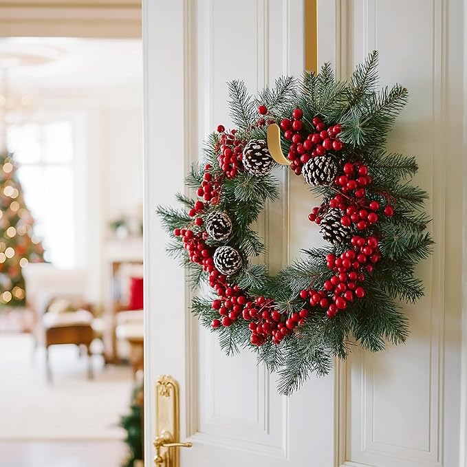 MCFULL 12 in Wreath Hangers for Front Door,Sturdy Metal Wreath Doors Hangers,Over The Door Hooks for Front Porch Decor,Gold Garland Hooks Holders for Halloween Christmas Decorations,2 Packs