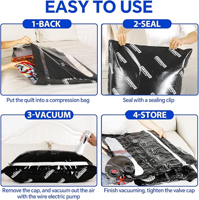 Extra Large Vacuum Storage Bags with Electric Pump, 6 Pack Vacuum Seal Bags for Clothing, Bedding, Pillow, Comforters, Blankets, Compression Bags Includes Portable Pump for Home Organization Storage