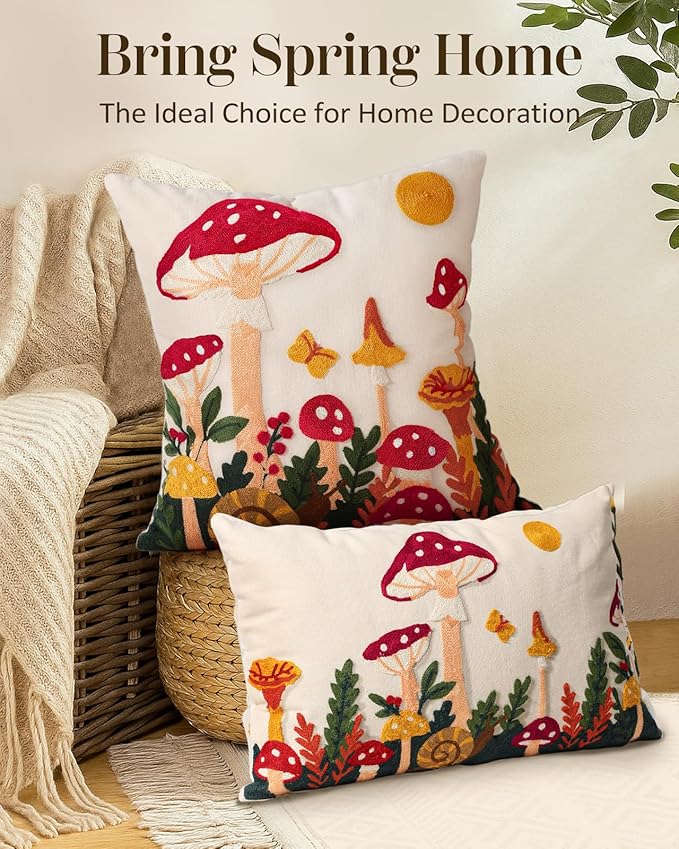Embroidered Throw Pillow Cover 20x20 Inch - Spring Summer Boho Decorative Pillow Cover with Zipper for Living Room Couch Sofa Bed Aesthetic Design Mushroom Moon Cushion Pillowcase