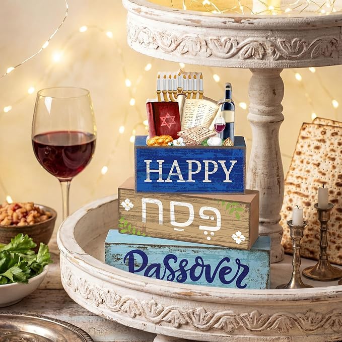 Lineshading 4 Pcs Happy Passover Table Decorations Wooden Menorah Table Centerpieces Pesach Jewish Holiday Party Passover Seder Meal Tabletop Topper Mantel Shelf Decor