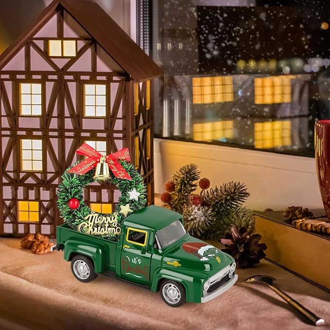 Christmas Vintage Green Truck Decor with Car Wreath Green Truck Vintage Home Tiered Tray Decor for Christmas Tables Home Kitchen Mantel Shelf Bookshelf Coffee Mini Trucks Decorations