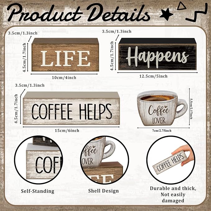 Moucuny 4 Pcs Farmhouse Coffee Bar Table Decor Vintage Wooden Stacked Block Sign - 'life Happens Coffee Helps' Table Centerpiece Rustic Wood Bar Sign Gift for Home Kitchen Shelf Tiered Tray Decor