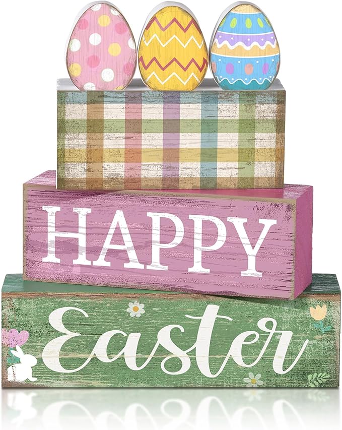 Lineshading 4 Pcs Easter Table Decoration Wooden Pastel Eggs - No Assembly Required Reusable Happy Easter Tiered Tray Decor, Perfect for Home Kitchen Party Farmhouse Centerpieces & Holy Week Gift