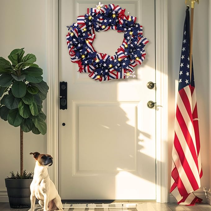DecorbyHannah Patriotic Wreath for Front Door, 24 inch Large 4th of July Wreaths with Lights, Collapsible Red White Blue Burlap Bow Farmhouse Wreath Decorations for USA 250th Holiday