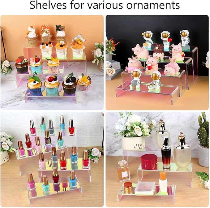 ELEGANTLIFE Acrylic Display Risers Set of 4, 4-Level Tiered Display Stands for Cupcakes, Small Figures & Jewelry, Compact Countertop Display Shelf, Multiple Colors Available (Iridescent)