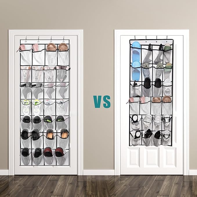 28Large Pockets Over The Door Shoe Organizer, Hanging Shoe Organizer for Closet, Premium Clear Shoe Rack for Door, Shoes Hanger Organizers Storage Holder for Back of Door and 4Metal Hook White