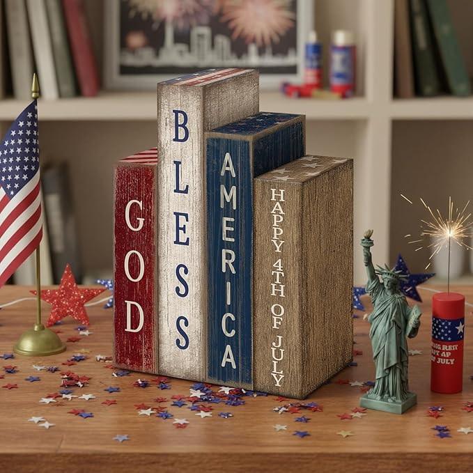 Lineshading 4 Pcs Patriotic Table Decorations Glod Bless American 4th of July Tiered Tray Decor 250th Anniversary Wooden Book Red White and Blue Memorial Day Centerpiece Decorations for Home Shelf