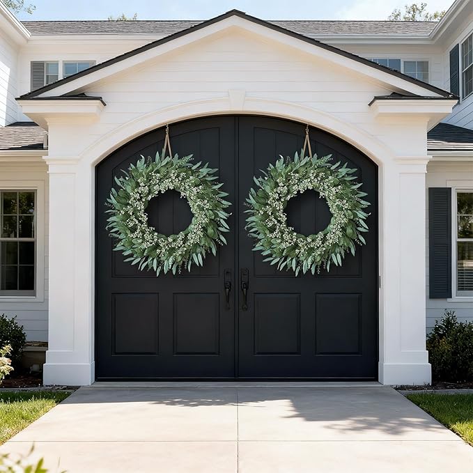 32'' Eucalyptus and Babys Breath Flowers Wreath for Front Door - Large Artificial Greenery Outdoor Wreath for Porch,Window,Farmhouse,Home,Hanging Decor- Spring, Summer, All Seasons (Green-White)