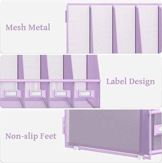 SUPEASY Desk Organizers Metal Desk Magazine File Holder with 5 Vertical Compartments Rack File Organizer for Office Desktop, Classroom, Home Workspace, Purple