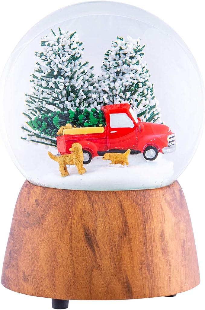 Red Truck With Dogs Cherry Woodgrain 6 x 4 Resin and Metal Holiday Musical Snow Globe