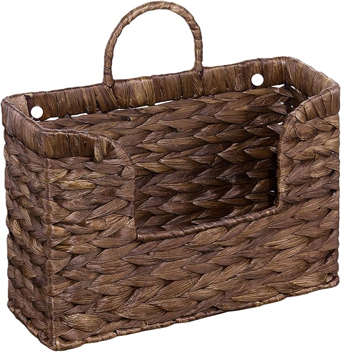 PINXIURY Magazine Holder Wall Basket Water Hyacinth Woven Mail Organizer, Wicker Wall Hanging Baskets for Magazines, Letters & Storage Decorative Mail Holder, Magazine Rack, Hanging Basket, Coffee