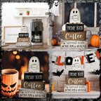 Lineshading 4 Pcs Halloween Table Decor Coffee Ghost Wooden Sign Halloween Tiered Tray Decor Farmhouse Ghost Tabletop Centerpiece Decorative Coffee Bar Block Signs for Home Office Kitchen Shelf