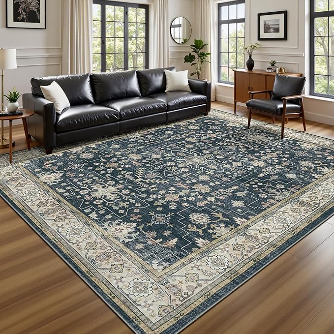 Lessymo 8x10 Area Rugs for Living Room, Washable Rug for Bedroom Dining Home Office, Soft Non-Slip Rubber Vintage Black Brown Large Carpet, Boho Distressed Moody Farmhouse Decor