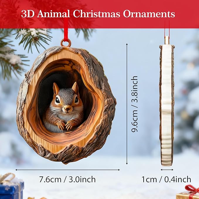 Forest Animal Christmas Ornaments, Valentines Day Gifts for Him Her, Funny Forest Animal Ornaments for Christmas Tree, 3D Resin Squirrel Ornaments Hanging for Animal Lovers & Easter Basket Stuffers
