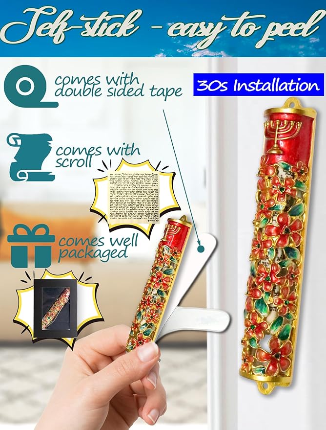 5.1” Exquisite Enamel Design Mezuzah with Scroll, Install in 15s w/Included Tape, or Permanently w/provided Screws, Blessing Red Bloom Mezuzah for Door for Any Memorable Jewish Occasions