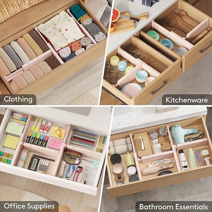 Lifewit 12 Pack 4" High Drawer Dividers 28-43.5cm/11-17" Adjustable Drawer Organizer for Clothes/Utensils, Expandable Drawer Separator in Dresser/Kitchen/Bedroom/Office Organization & Storage Beige
