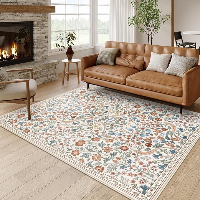 Moynesa Floral 5x7 Area Rugs, Machine Washable Rugs for Bedroom, Non Slip Boho Rugs for Living Room, Large Flower Stain Resistant Floor Carpet for Dining Room Home Office, Beige