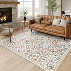 Moynesa Floral 5x7 Area Rugs, Machine Washable Rugs for Bedroom, Non Slip Boho Rugs for Living Room, Large Flower Stain Resistant Floor Carpet for Dining Room Home Office, Beige