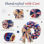 250th Anniversary Patriotic Wreaths for Front Door, 24 Inch Large Full Layered & Pre-Lit Design 4th of July Decorations with Burlap Bow, Red White and Blue Ribbon Wreath for Memorial Day
