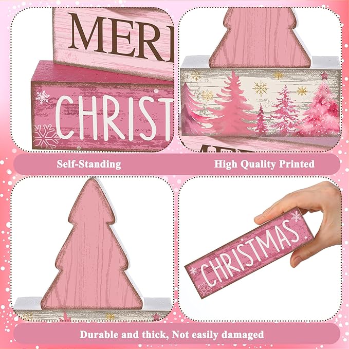 Lineshading 4 Pcs Christmas Table Decoration Wooden Pink Christmas Tree Centerpieces Decor Winter Tiered Tray Decor Rustic Decorative Tree Block Signs Gift Farmhouse Xmas Decoration for Home Kitchen
