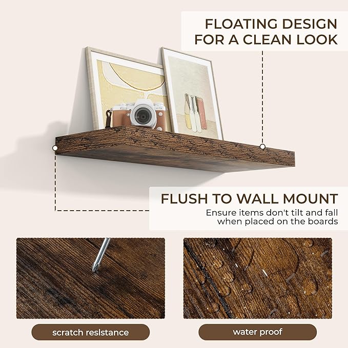 RICHFOCUS 28Inch Floating Shelves for Wall 2 Pack Shelves for Bedroom|Kitchen|Bathroom|Laundry Room Rustic Wood Wall Mounted Shelf with Invisible Brackets for Books|Storage|Decor, Rustic Brown