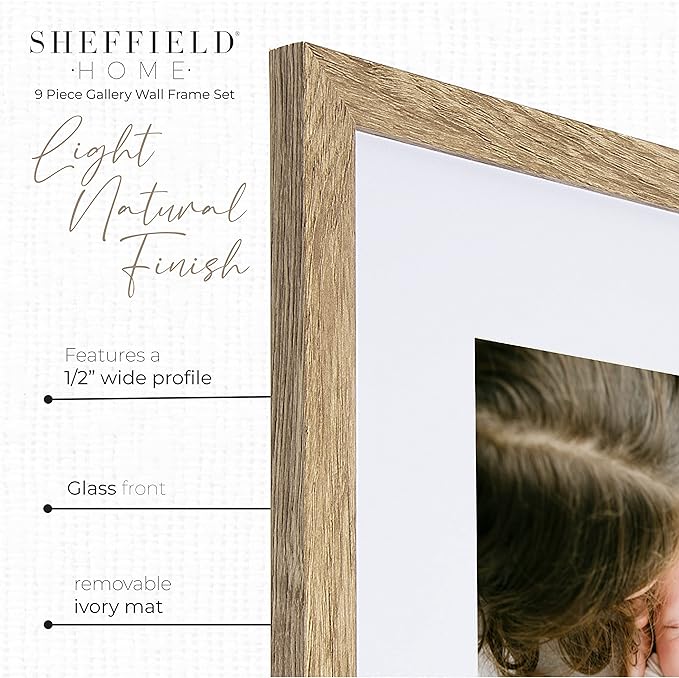 Sheffield Home 9 Piece Gallery Wall Frame Set, 12x12 in. Matted to 8x8 in. (Light Natural)