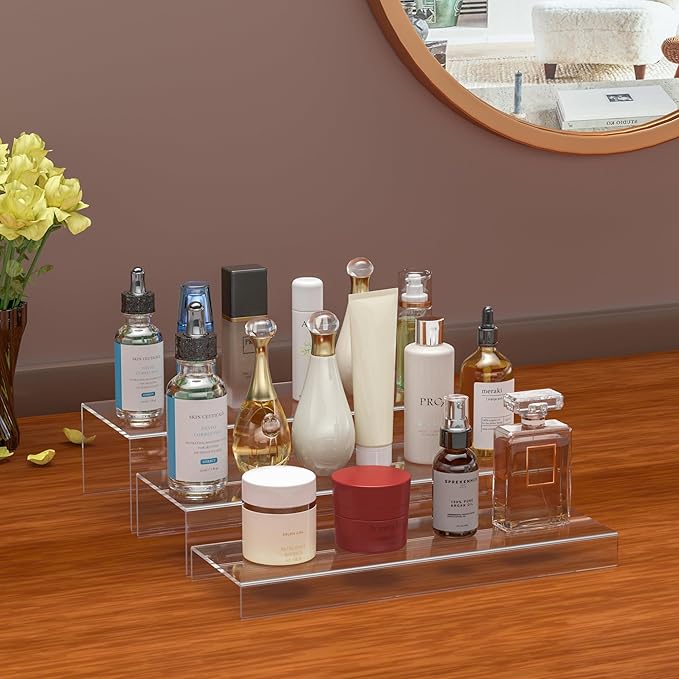 Sezanrpt Rectangular Acrylic Display Risers Stands 3pcs, Dessert Table Display Rack, Clear Display Shelf for Funko Pop, Collectibles, Retails, Shoes, Glasses, Plants, Home Decors, Perfume - 12-1'', 2'', 3''
