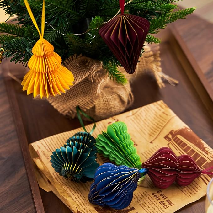 EASY JOY 6 PCS Christmas Honeycomb Paper Ornaments Paper Glitter Edged Small Christmas Tree Ornaments Decorative Hanging Ornaments for New Years Party,Winter Xmas Party,Holiday Home Decor