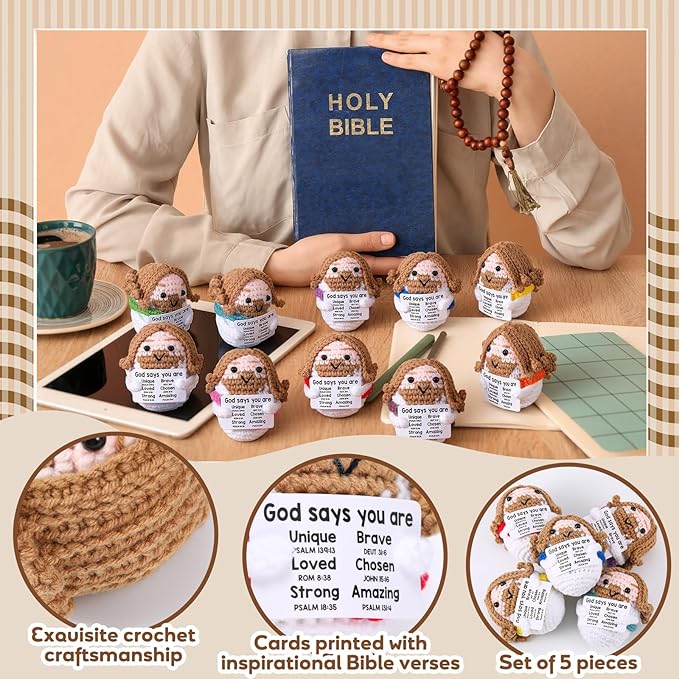 Marsui 10 Pcs 5 Pcs Crochet Dolls Christian Positive Gifts for Women Mini Jesus Figures with Positive Card Handmade Religious Crochet Plush Doll for Church Sunday School Motivational Gift (Multicolor)