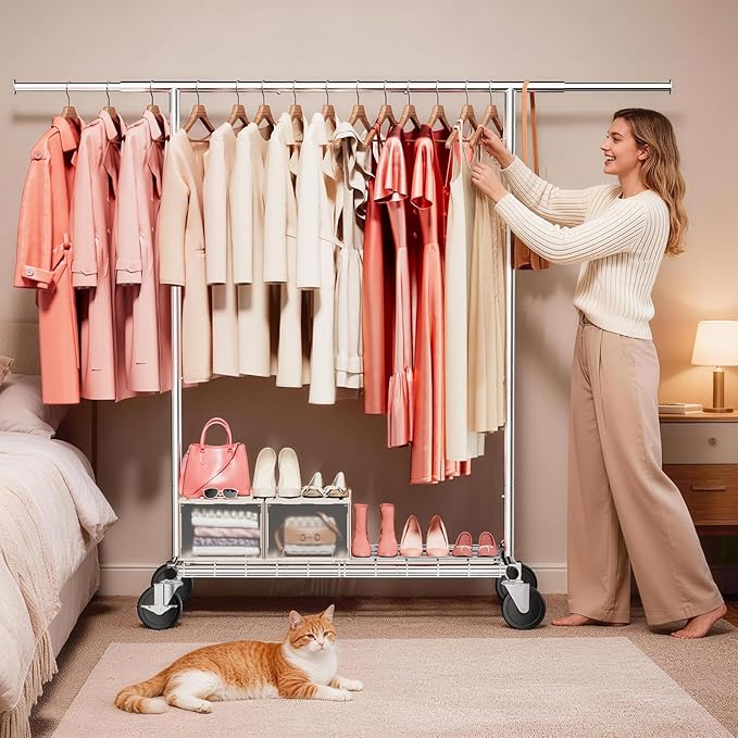 Heavy Duty Clothes Rack - Load 500 LBS, Rolling Clothing Rack for Hanging Clothes with Lockable Wheels & Shelves, Extendable Garment Rack for Bedroom, Laundry, Living Room, Silver