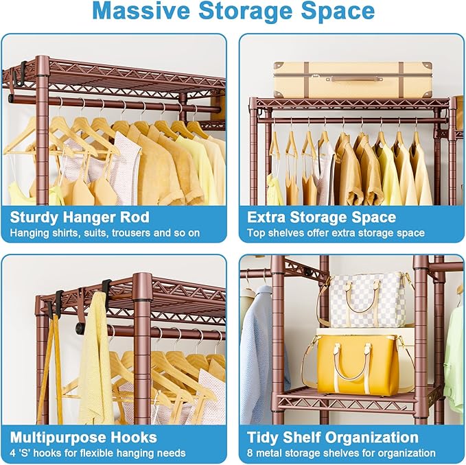 Ulif E4 Clothes Rack, Heavy-Duty Garment Rack, Metal Freestanding Clothing Organization Storage System Can Be L-Shaped with Shelves and Hangers, Max Load 962lbs, 71.6" W x 14.5" D x 79.3" H, Bronze