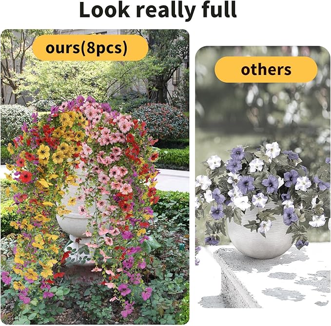 Artificial Hanging Flowers for Outdoors, 8 Pcs Fake Plant for Spring Summer Decoration, UV Resistant Realistic Silk Faux Flowers Outside Indoor Planter Porch Patio Balcony Yard Decor