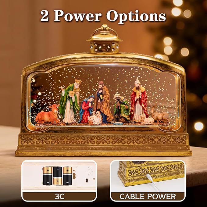 Christmas Snow Globes, 11.4" Nativity Glitter Water Lantern with Song, 6H Timer Battery & USB Powered Music Box for Christmas Decorations Indoor
