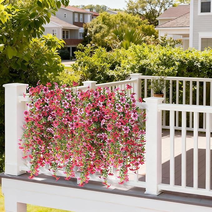 Artificial Hanging Flowers Plants for Outdoor Spring Summer Decoration, 2PCS Faux Silk Daisy UV Resistant Look Real for Outside Home Indoor Planter Porch Garden Yard Decor(Rose Red Pink)