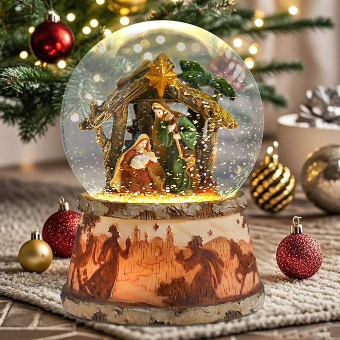 Christmas Snow Globe Musical - Nativity Snowglobes Water Snow Globes with 5 Colors Change LED Light Music Box Home Christmas Decor for Kids Wooden
