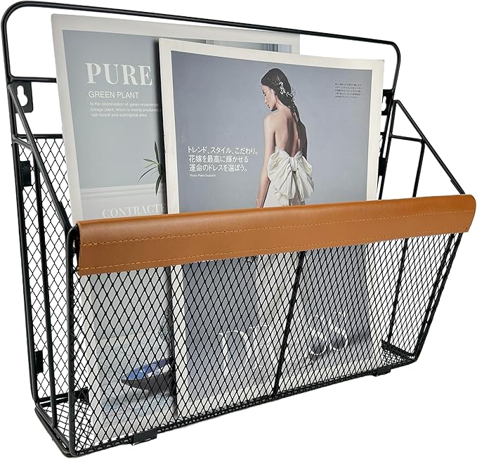 Leather-Accented Wall File Holder, Art Deco Wall-Mounted Magazine Rack, Hanging Mail Organizer, Metal Wire Hanging File Organizer for Home, School, Office, Hanging Folder Organizer