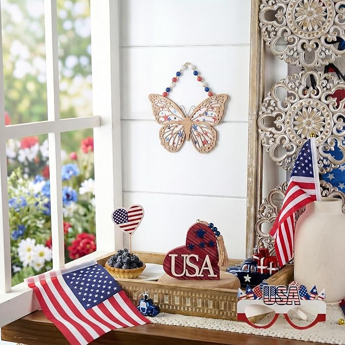 Valery Madelyn 4th of July Wreath, Patriotic Wreath for Front Door, Red White and Blue Butterfly Decor, Wooden Americana Sign for 4th of July Independence Day USA 250th Anniversary, 12 Inch