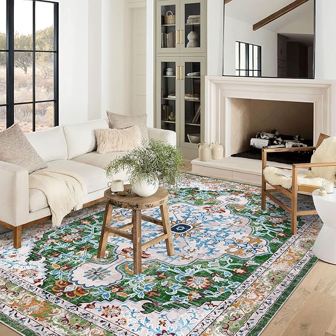 U'Artlines Boho Vintage Area Rug 8x10 Machine Washable Low Pile Soft Floor Carpet Non Slip Non Shedding Accent Rug for Living Room Bedroom Entryway Dining Room Office Green