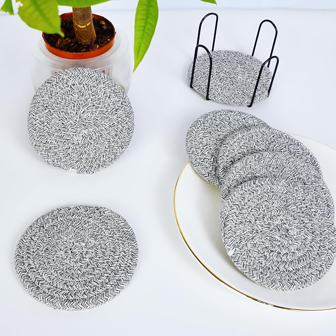ABenkle 8 Pcs Drink Coasters with Holder, Cotton Woven Absorbent Coasters for Drinks, Minimalist Home Decor Coaster Set for Wooden Tabletop Protection Table, 4.3 inches Mied Gray