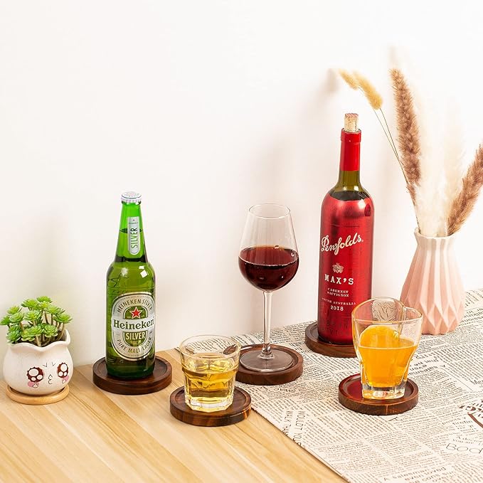 Wooden Coasters for Drinks - Natural Wood Drink Coaster Set for Drinking Glasses, Tabletop Protection for Any Table Type, Set of 4-4.3 Inches (No Holder)