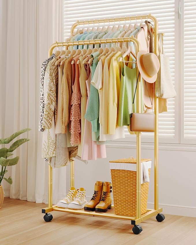Clothes Rack - Double Rods Clothing Rack with Mesh Shelf, Hooks & Wheels, Metal Clothing Racks for Hanging Clothes & Bags, Multifunctional Garment Rack for Laundry, Gold, 28.7" x 16.5" x 59.1"